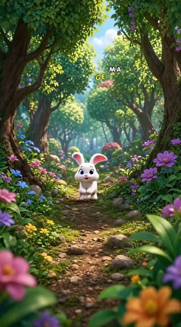 A small adorable white bunny with big blue eyes searches… — AI cartoon