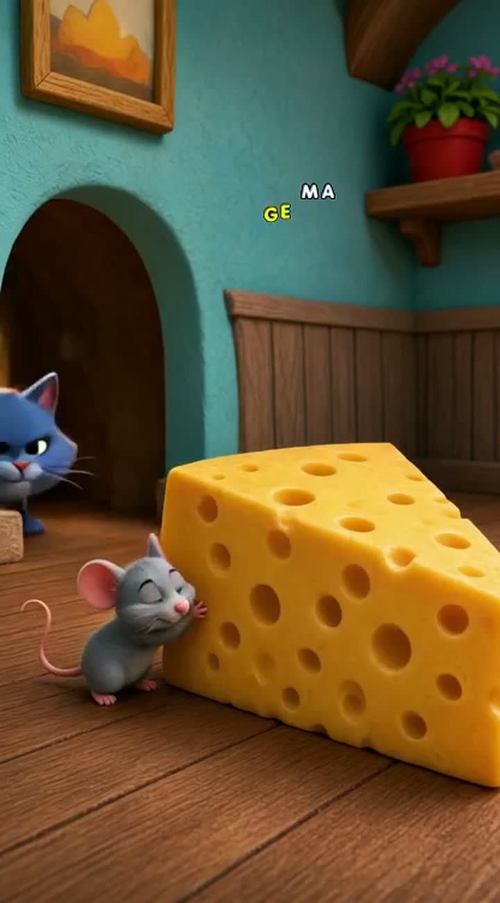 A funny 3D cartoon about a clever little grey mouse stealing… — AI cartoon