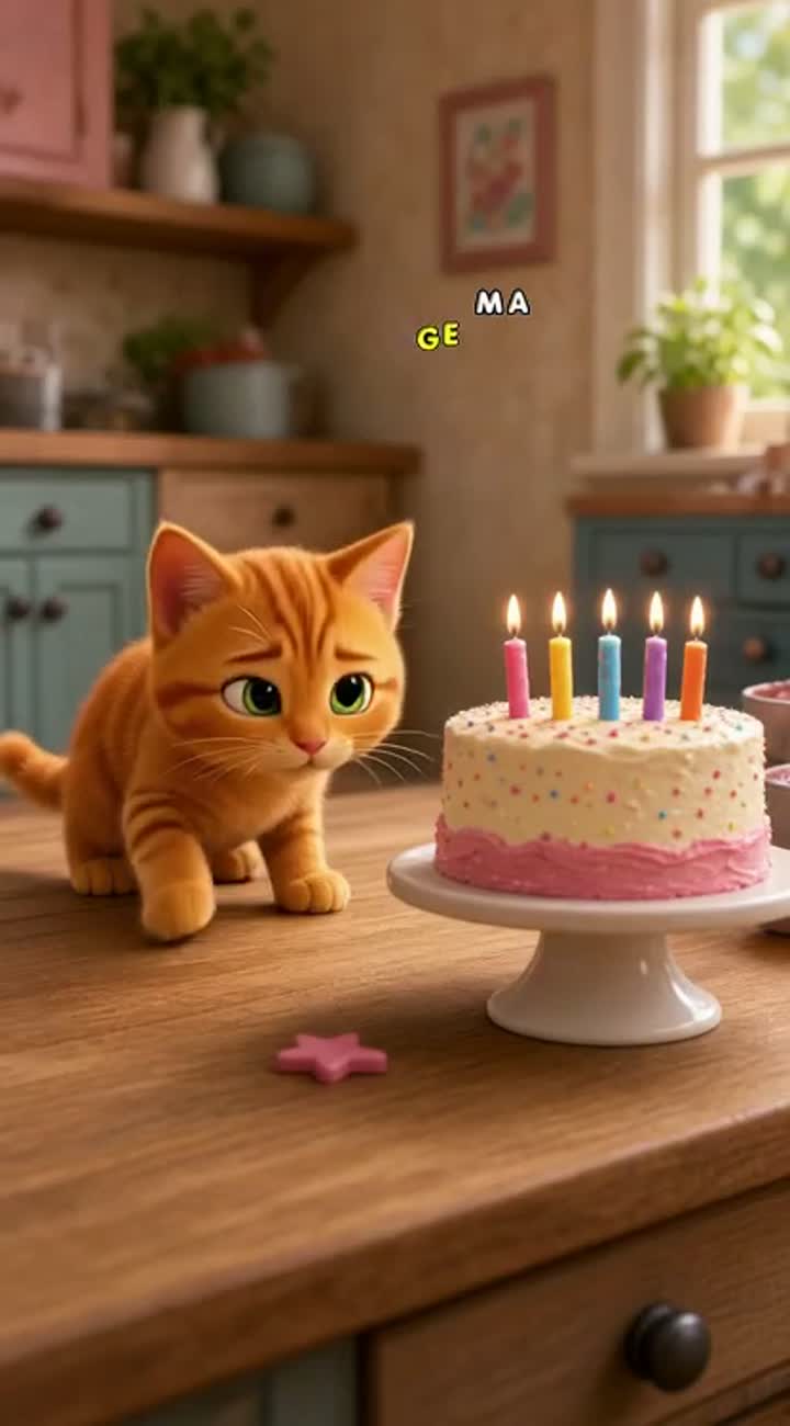 The cute orange 3D cartoon cat sneaks toward a birthday cake… — AI cartoon
