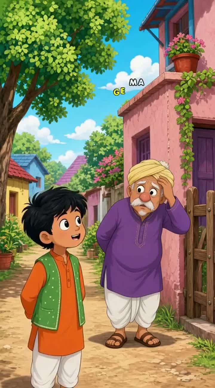 Shyamu asks Babu in Urdu, "بابو جی، آپ چھڑی کیوں ڈھونڈ رہے ہو؟"… — AI cartoon