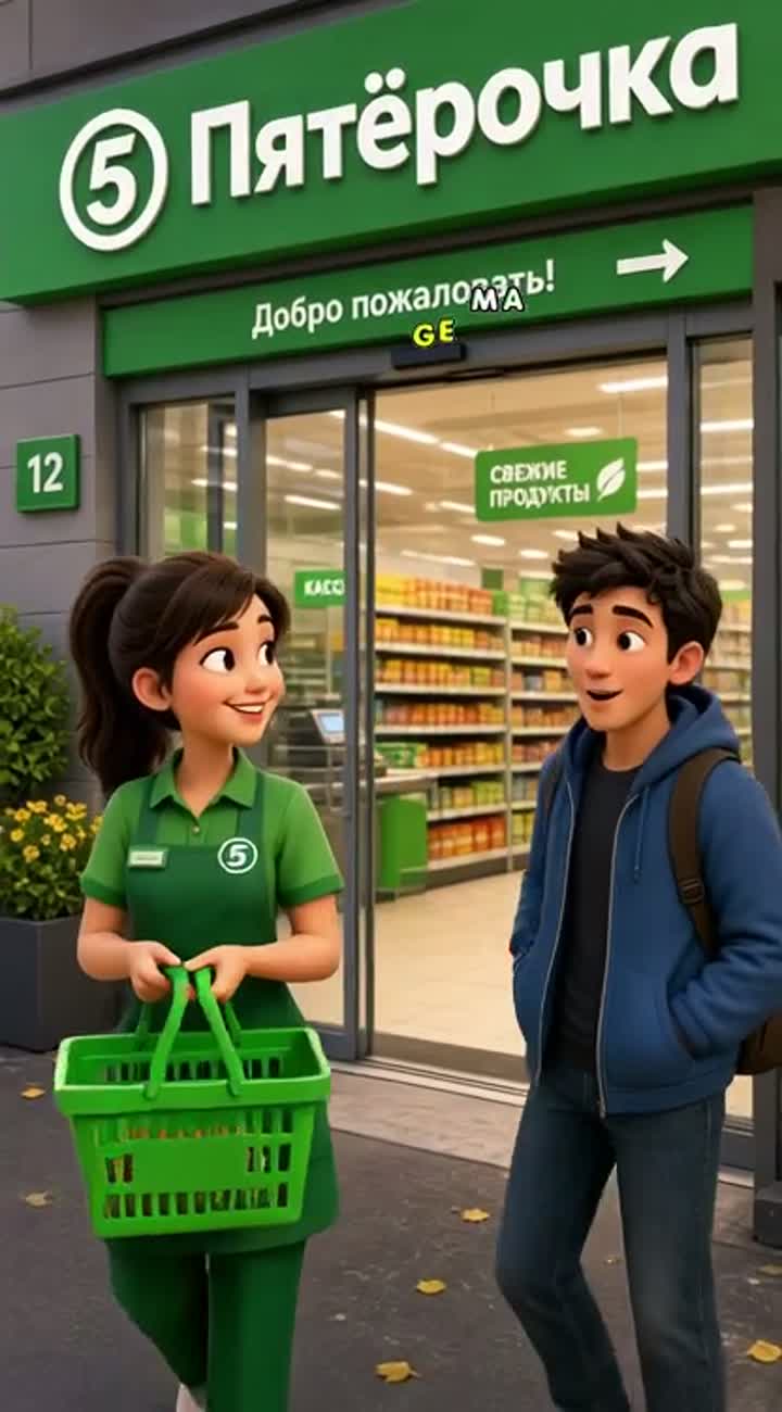 A woman working as a cashier at a Pyaterochka supermarket… — AI cartoon