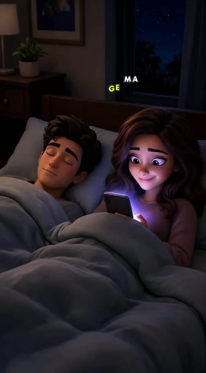 A cute young adult couple is lying in a modern bedroom at night — AI cartoon
