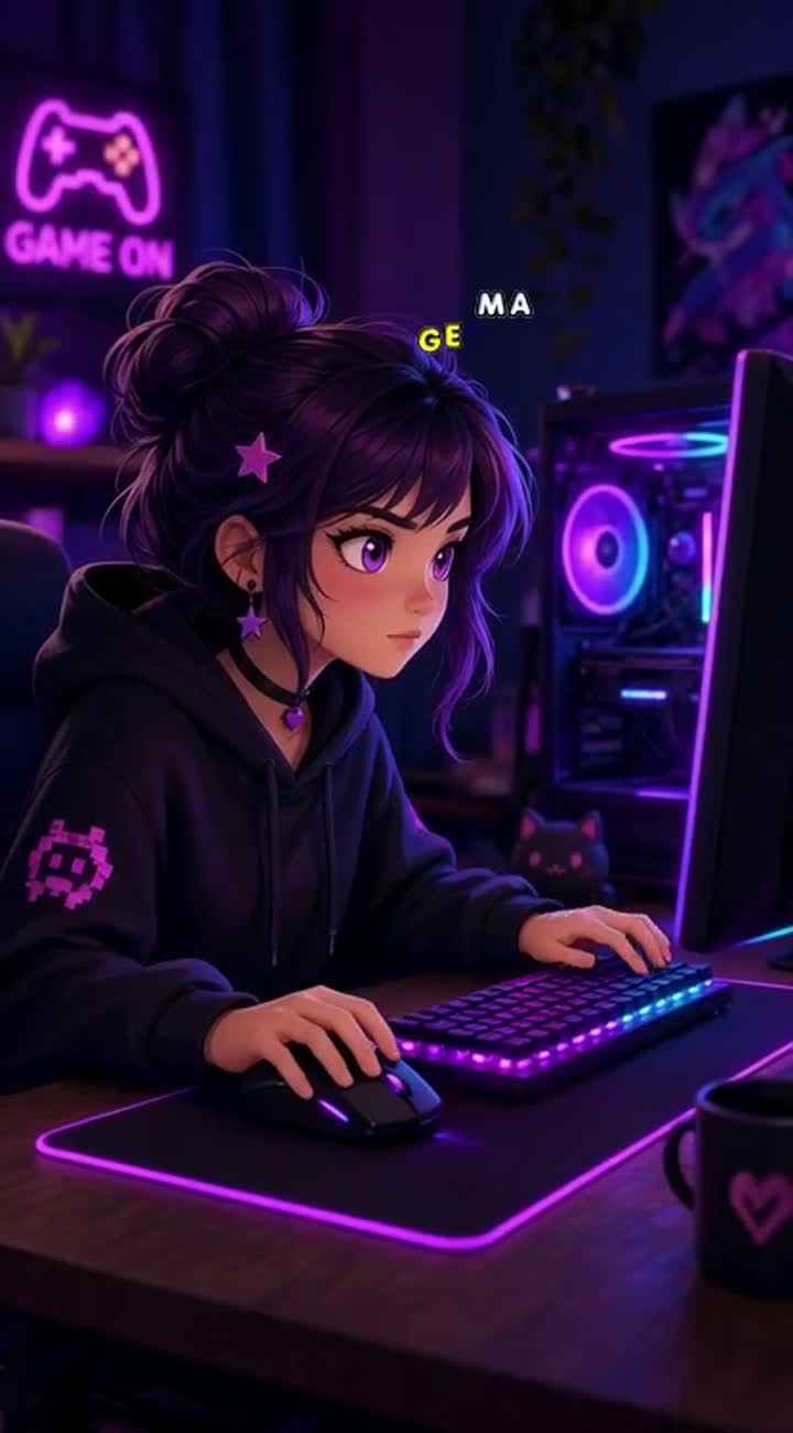 A cute stylized 2D cartoon female gaming streamer sits at her RGB… — AI cartoon