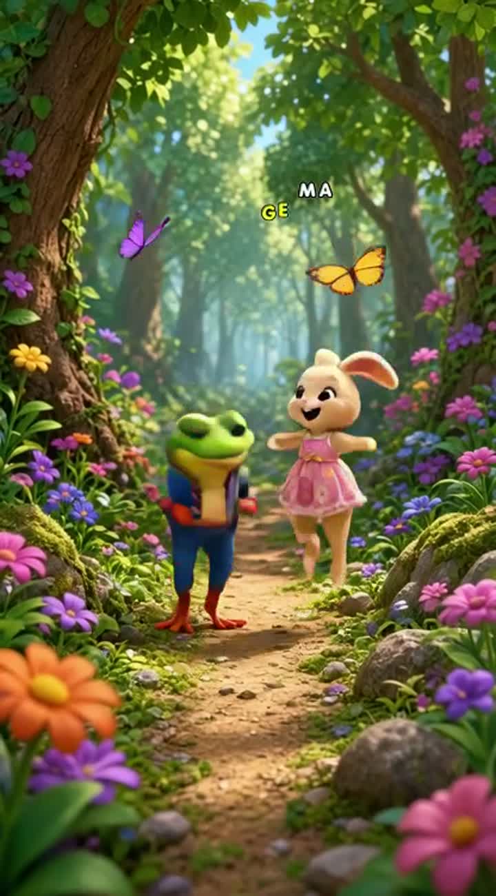 A cute 3D cartoon frog and a little rabbit meet in a colorful forest — AI cartoon