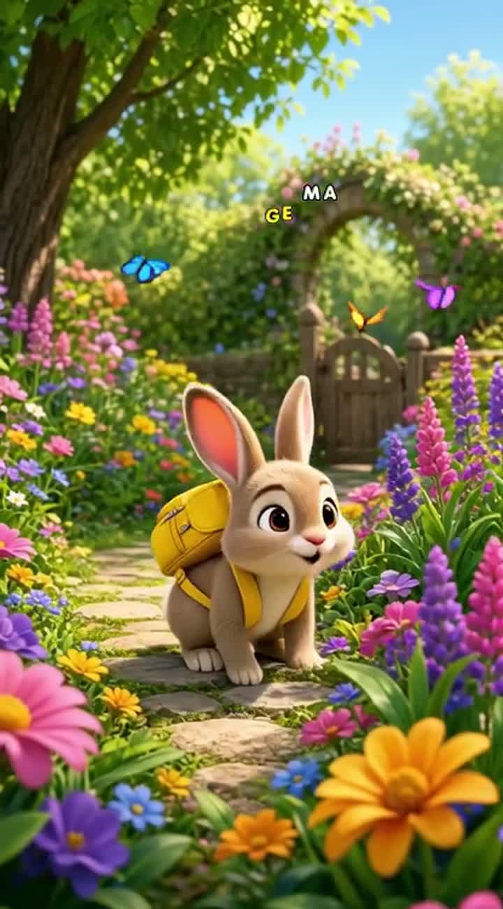 A cute little rabbit wearing a yellow backpack discovers a magical… — AI cartoon