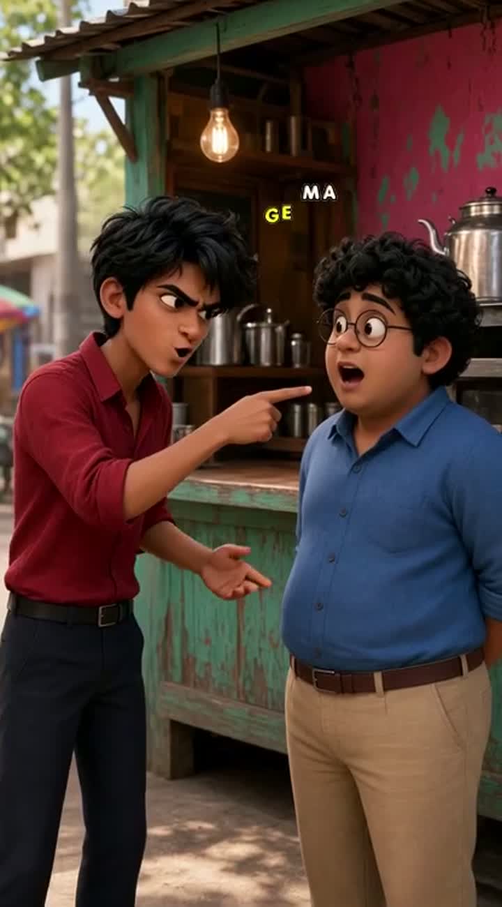 Balu: slim young Indian man, messy black hair, red shirt… — AI cartoon