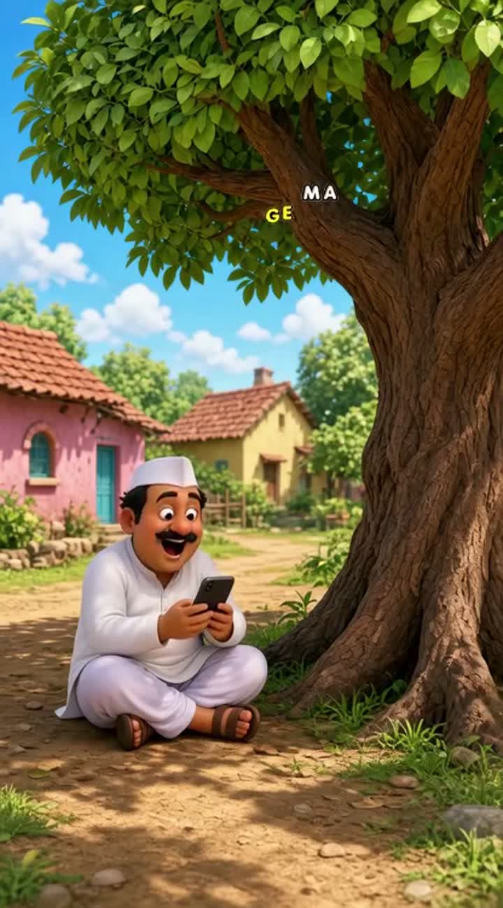 In a village, Chacha sits under a tree using his phone and happily… — AI cartoon
