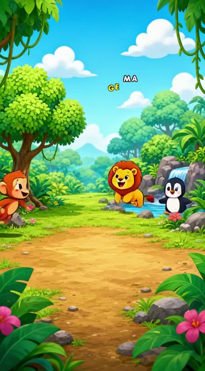 Colorful animated cartoon for kids with a cute monkey, penguin… — AI cartoon