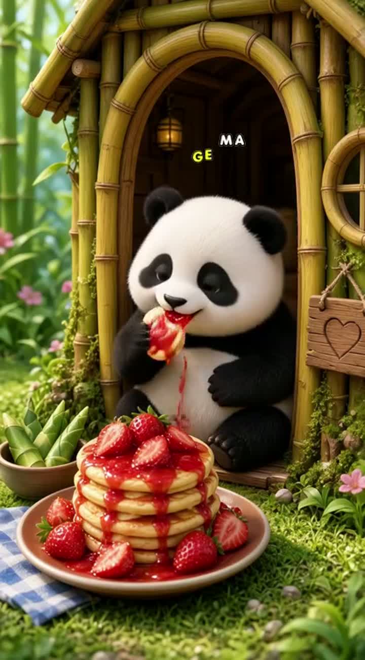 A cute, chubby baby panda eats a huge delicious breakfast… — AI cartoon