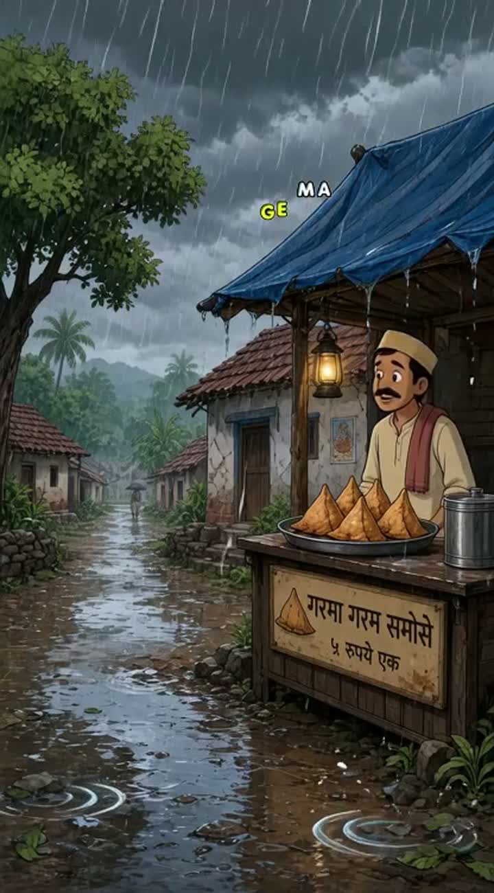 2D animated Hindi cartoon story titled "Barish Mein Samosa Wala" — AI cartoon