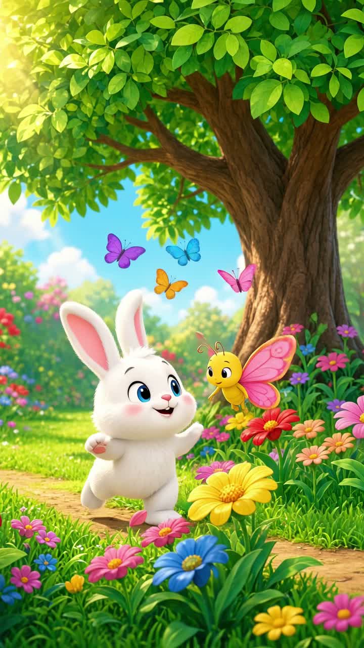 A vibrant, colourful cartoon garden beneath a big green tree… — AI cartoon