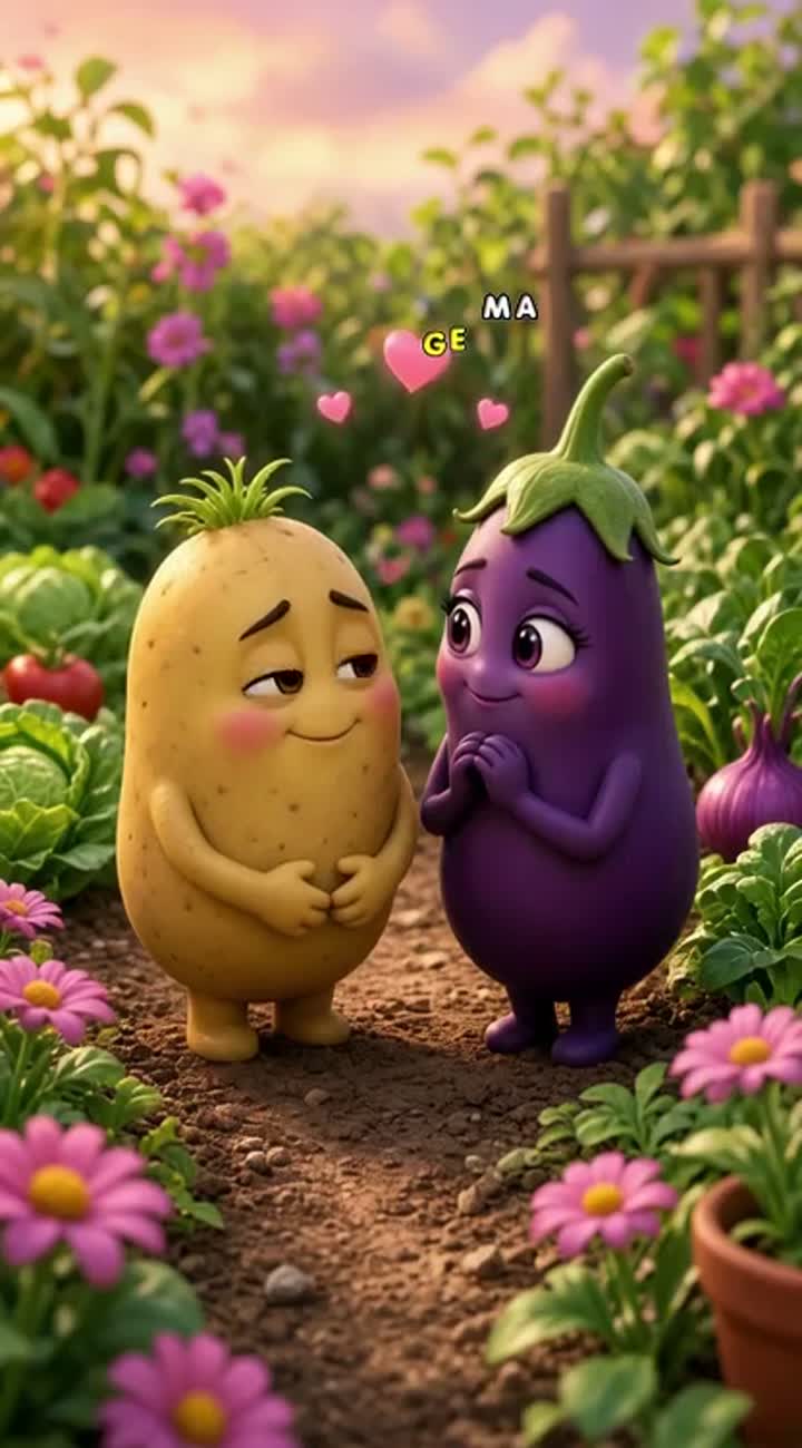 Cute 3D cartoon Aloo boy meets beautiful Baingan girl… — AI cartoon