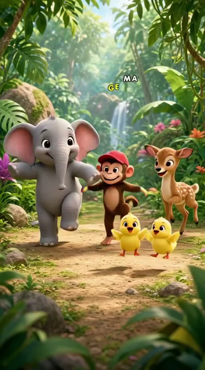 A baby elephant, a funny monkey wearing a red cap… — AI cartoon