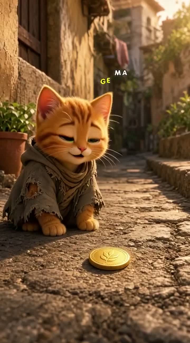 A cute poor orange kitten wearing old clothes finds a gold coin… — AI cartoon
