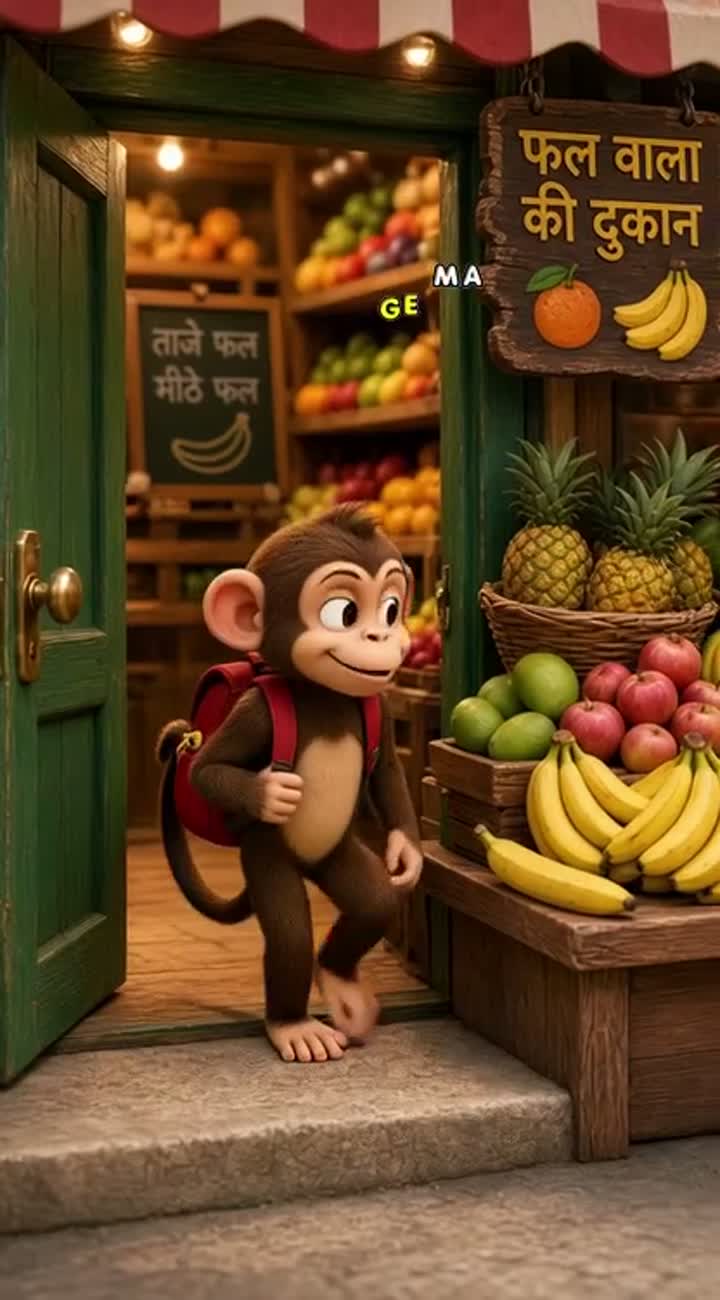 A cute Indian monkey wearing a tiny red backpack enters a fruit… — AI cartoon