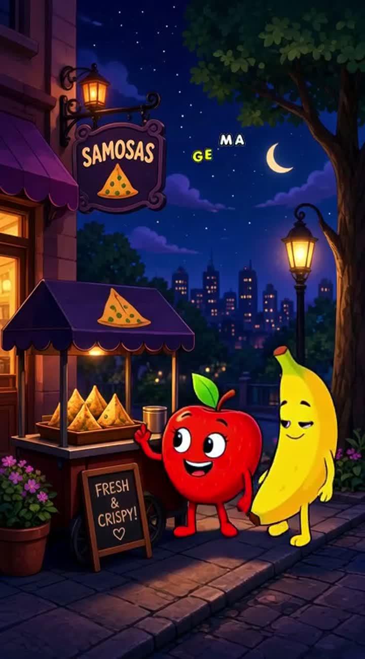 Apple and Banana best friends selling samosas, talking… — AI cartoon