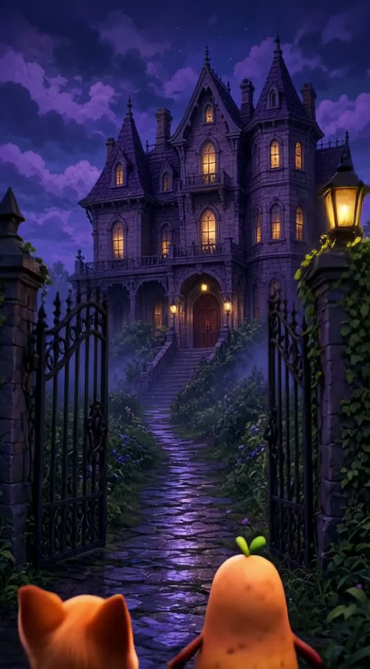 @chorkie and @potato haunted mansion exploration — AI cartoon