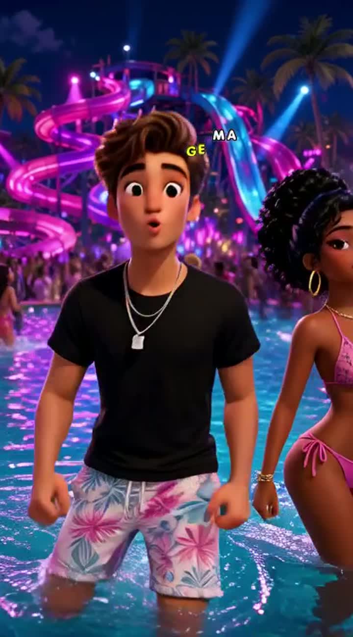 Transform the sunny water park into a spectacular nighttime pool party — AI cartoon