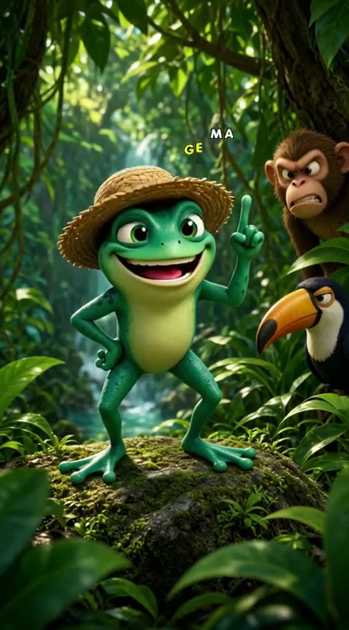A naughty little frog with straw hat teasing animals in jungle… — AI cartoon