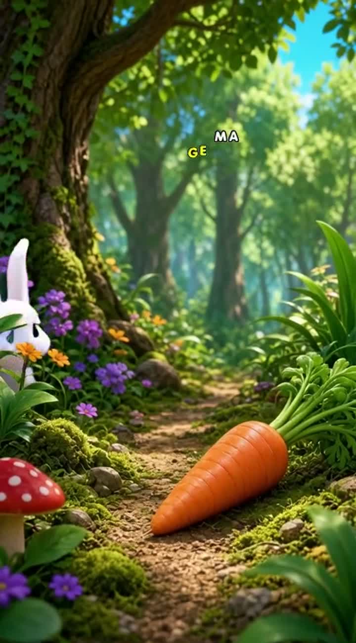 A cute little rabbit finds a big carrot in a colorful forest — AI cartoon