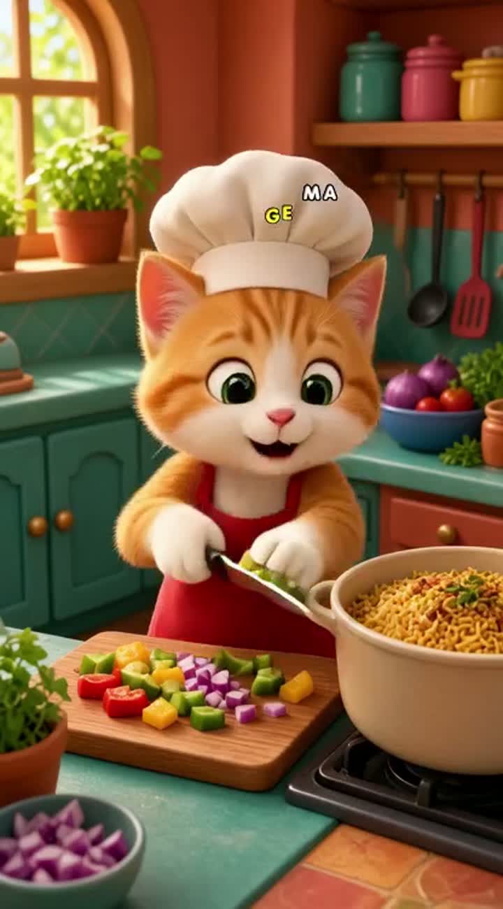 Cute 3D animated cartoon chef cat cooking chicken biryani… — AI cartoon