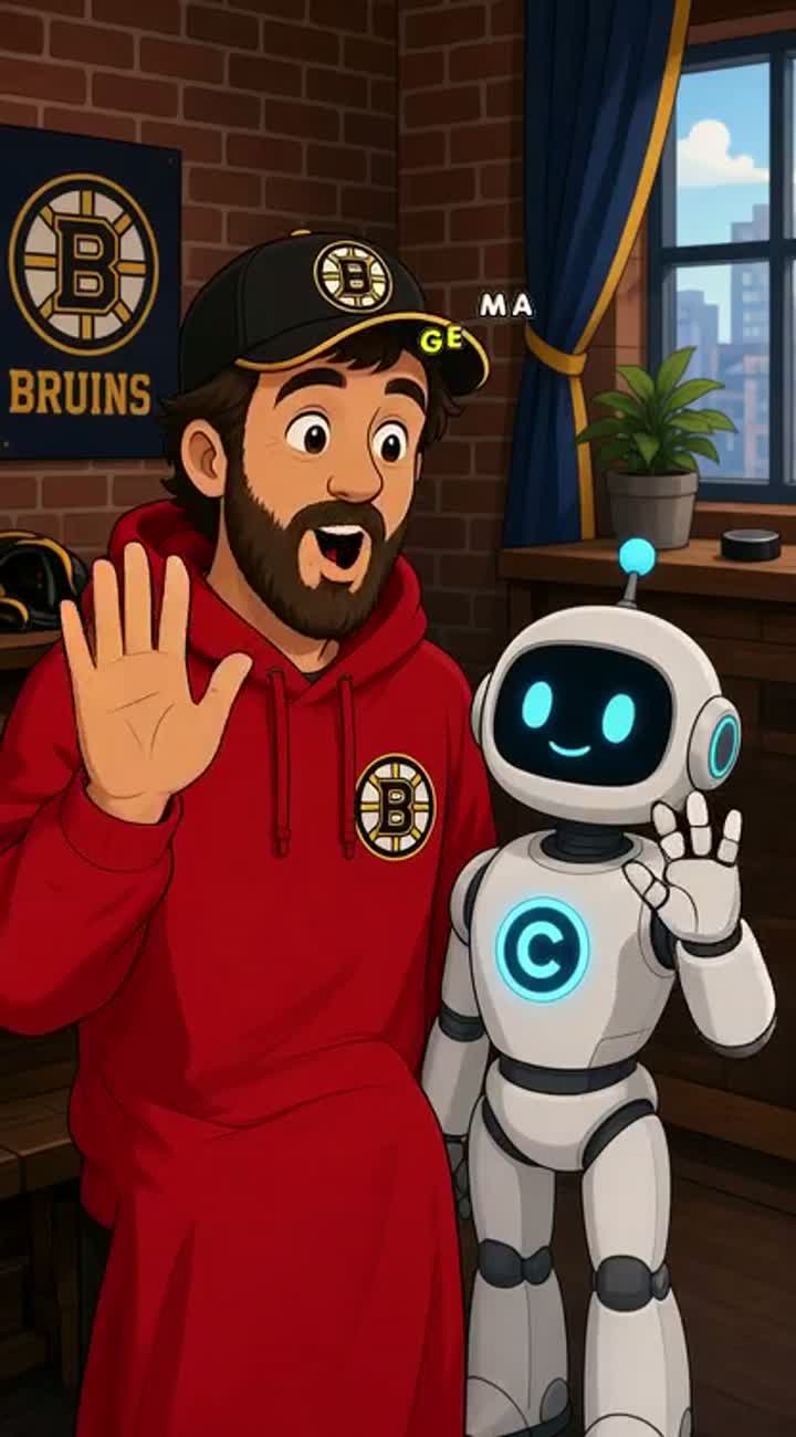 A bearded man wearing a Boston Bruins hockey cap and red hoodie… — AI cartoon