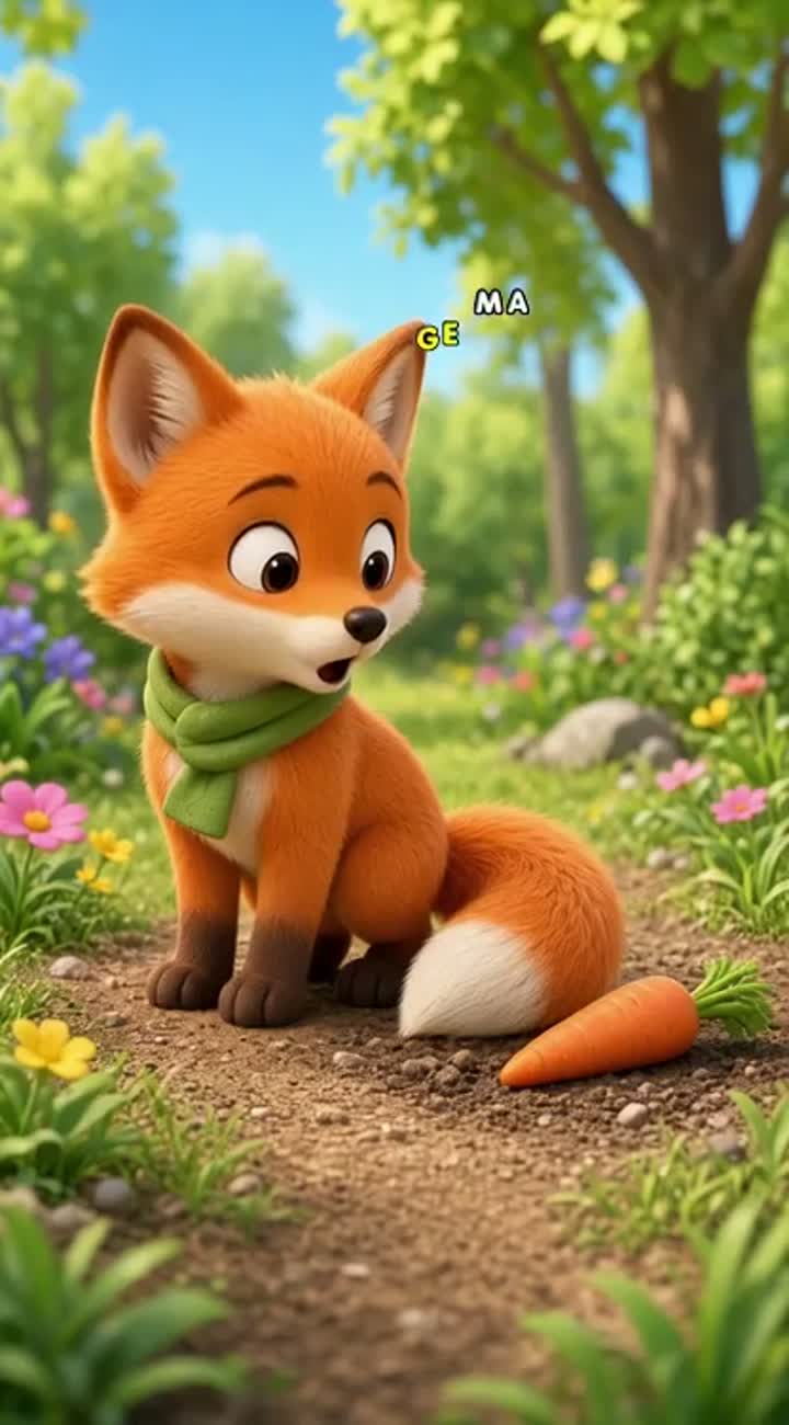 A cute orange baby fox wearing a green scarf finds a carrot behind… — AI cartoon