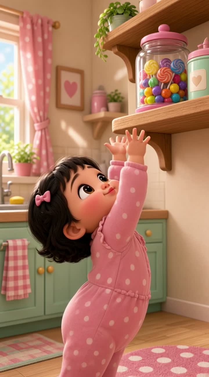 A chubby baby girl with big sparkling eyes and rosy cheeks spots… — AI cartoon