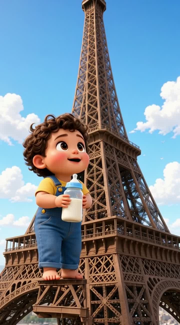 Cute baby climbing effel tower with get tired in beteen… — AI cartoon
