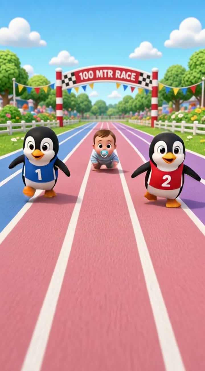 Two cute penguins and one cute baby drinking milk racing in 100… — AI cartoon