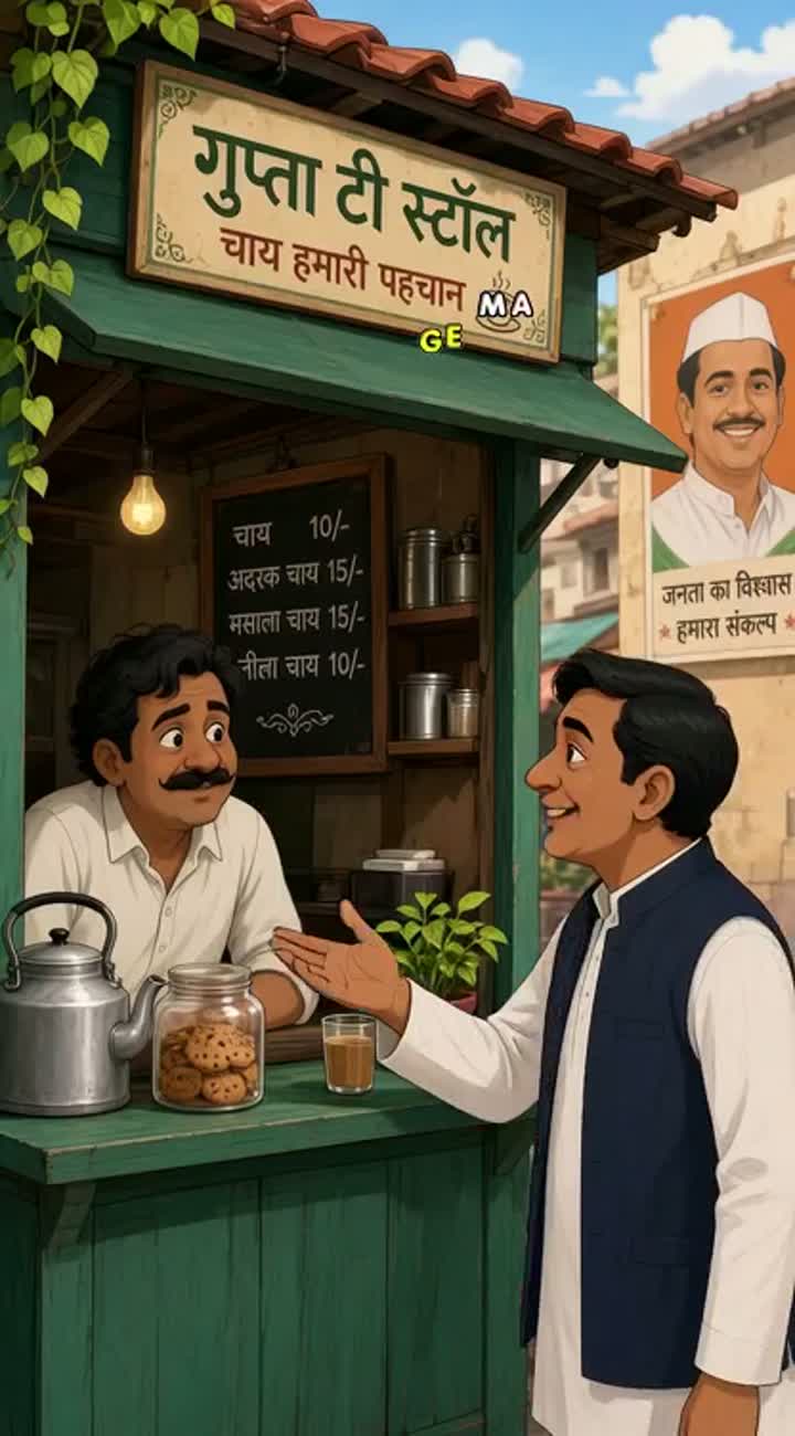 Tea shop owner with tea stall and a politician speaking to him — AI cartoon