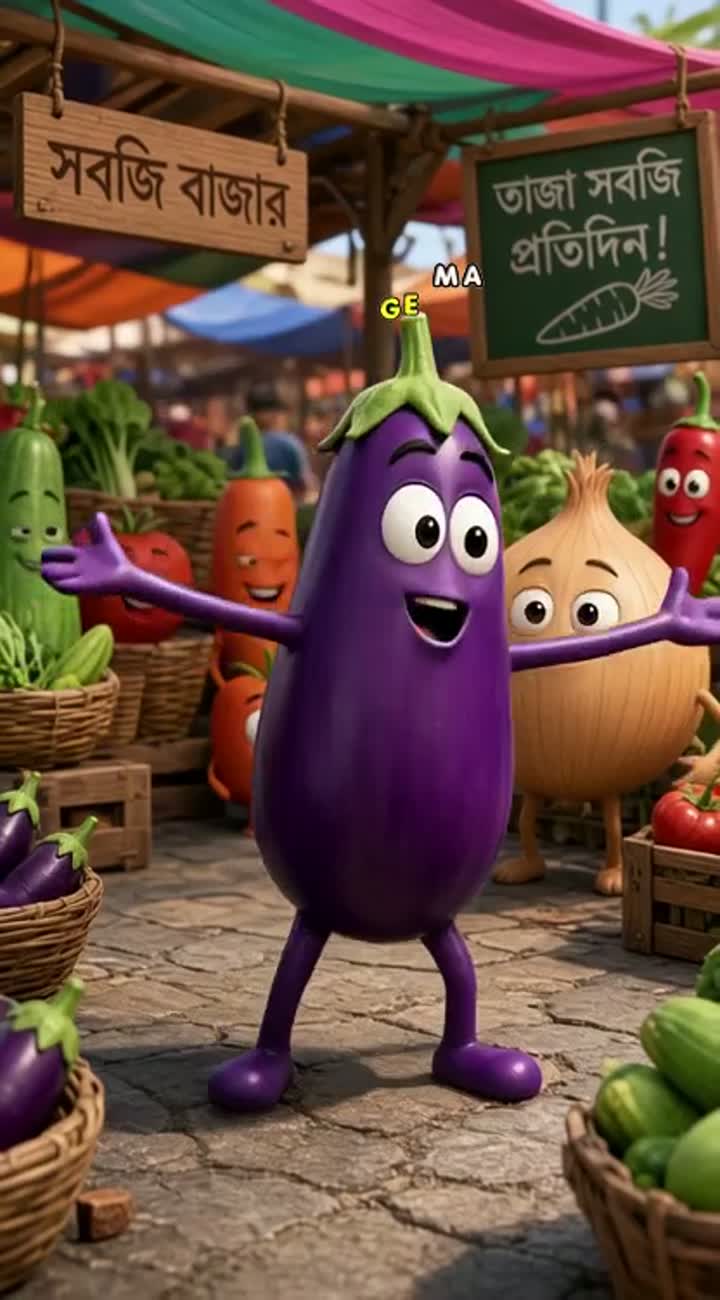 In an open-air market, an eggplant starts a funny dance — AI cartoon