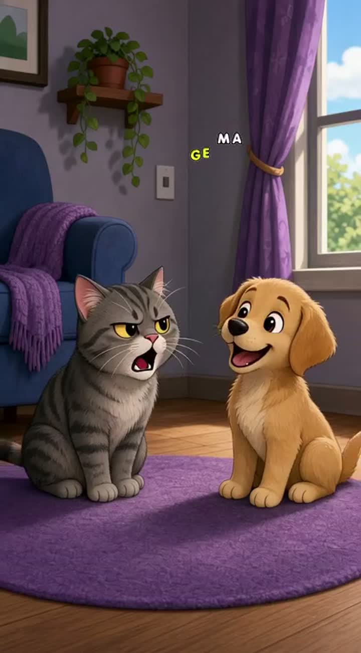 A grumpy cat explains to an excited puppy why Mondays… — AI cartoon