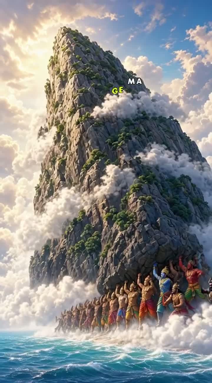 দেবতা and असुर working together to lift the enormous Mount Mandara — AI cartoon