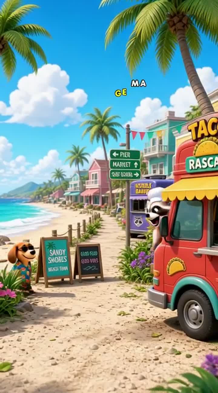 Two rival food-truck raccoons in a beach town… — AI cartoon