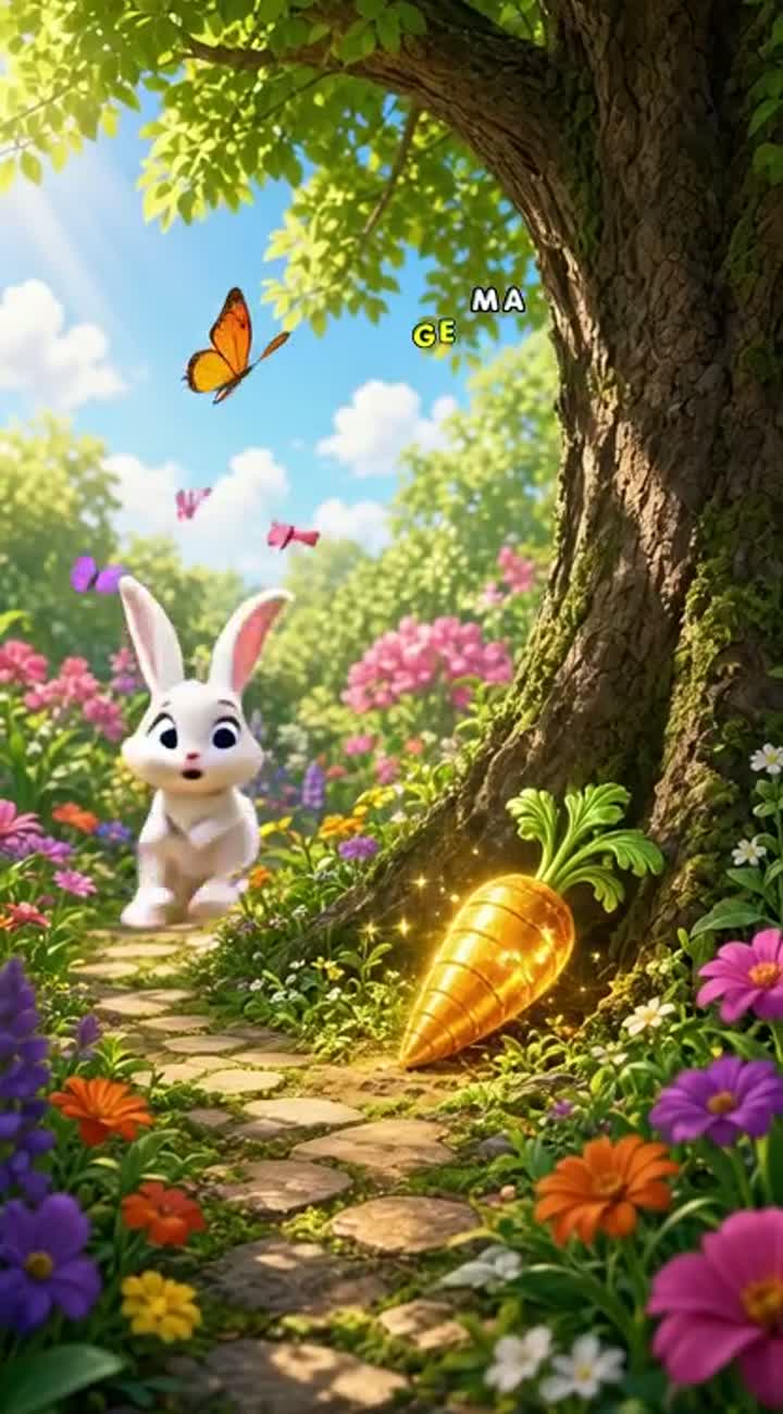 Unfolds in a beautiful garden filled with flowers and fluttering… — AI cartoon