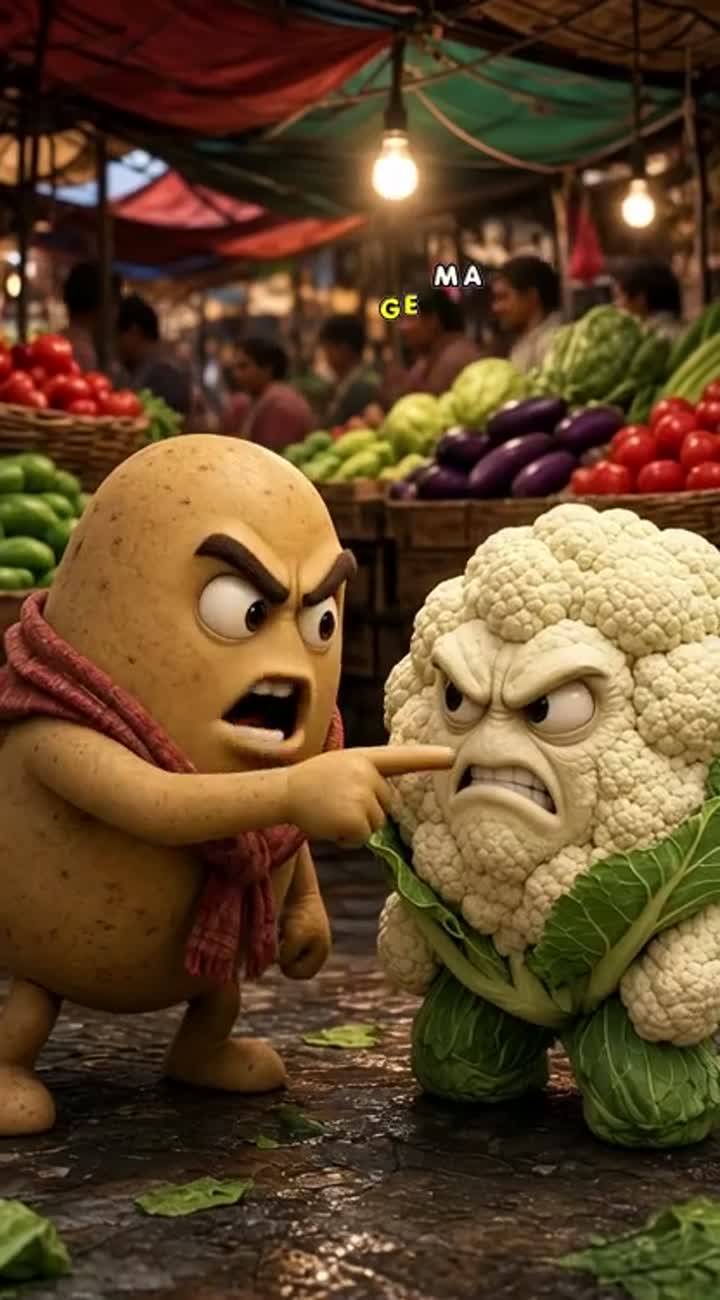3D cinematic cartoon, anthropomorphic Aloo and Gobhi standing… — AI cartoon