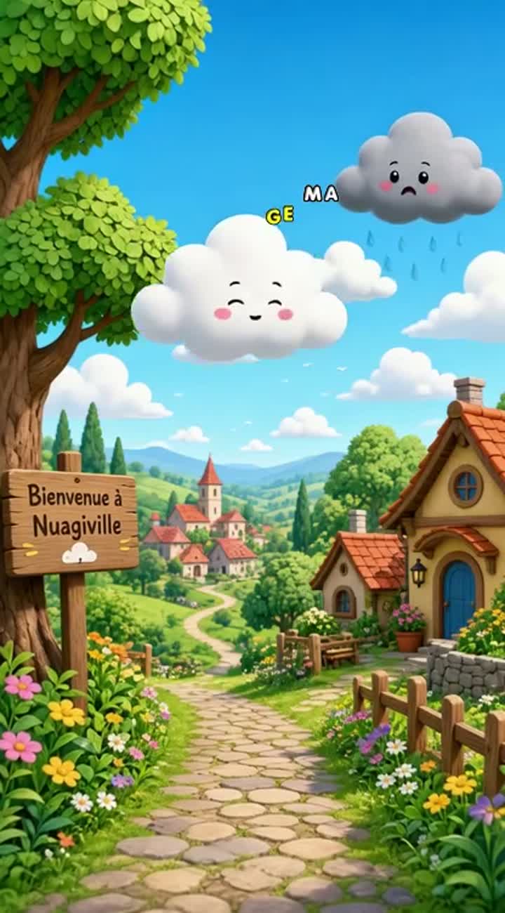 Des petits nuages un blanc et un gris et leur amis qui découvre… — AI cartoon