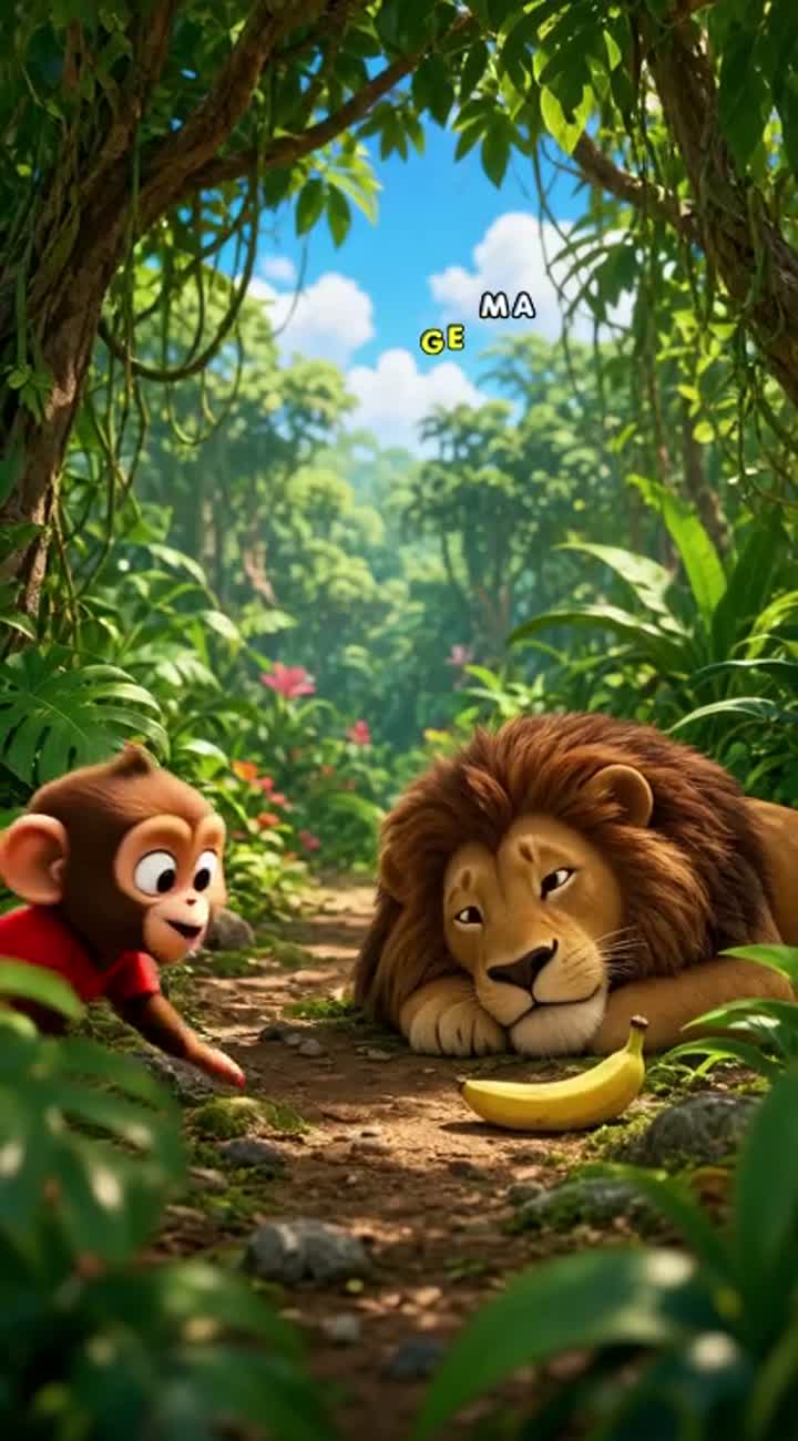 Funny 3D cartoon monkey wearing a red shirt steals a banana… — AI cartoon