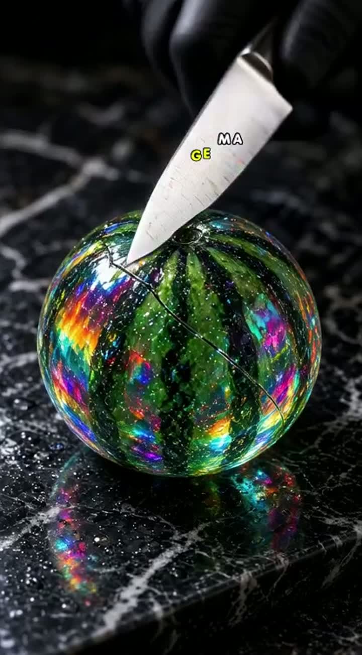 Ultra-realistic 4K macro ASMR video of a mysterious rainbow glass… — AI cartoon