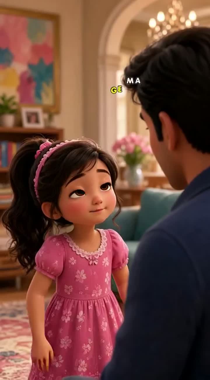 A cute 3D cartoon girl is talking to her father inside a beautiful… — AI cartoon