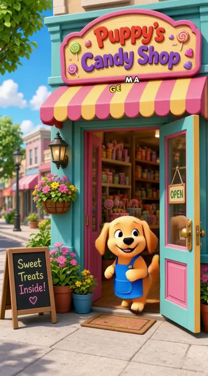 Funny, colorful 3D animated cartoon about a cute little golden dog… — AI cartoon