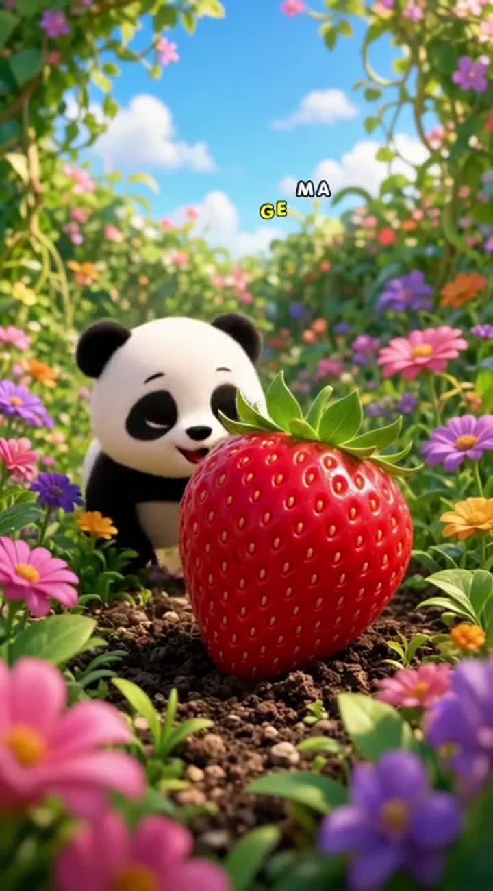 Scene 1: A cute baby panda finds a giant magical strawberry… — AI cartoon