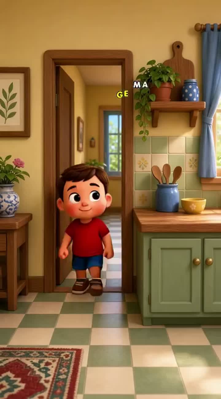Show a house as Johnny quietly approaches the kitchen — AI cartoon