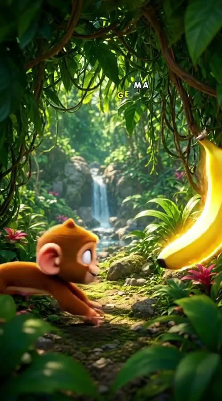 A cute mischievous baby monkey finds a glowing golden banana… — AI cartoon