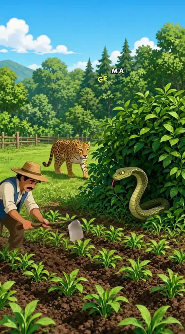 A farmer is working in a field near the forest when a snake… — AI cartoon
