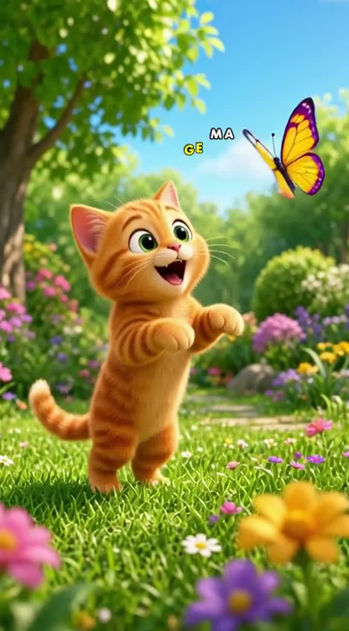 Cute 3D cartoon of a little orange cat trying to catch a butterfly… — AI cartoon