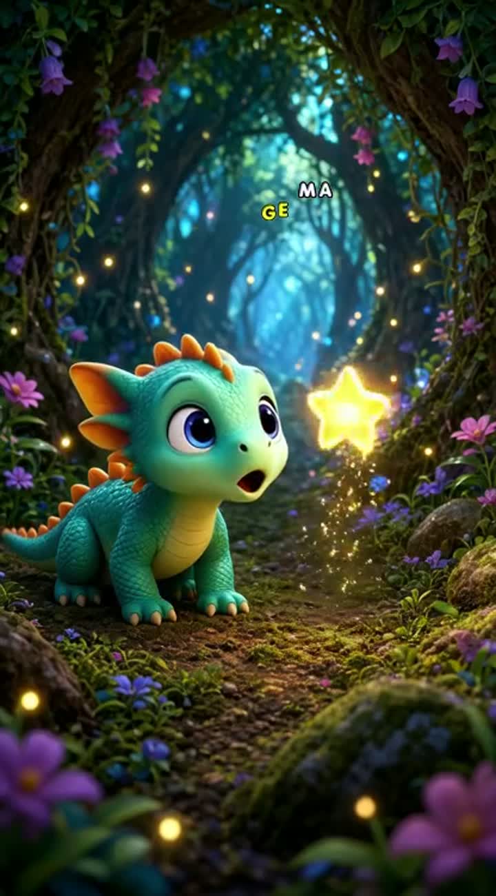 A cute baby dragon finds a tiny glowing star in a magical forest — AI cartoon