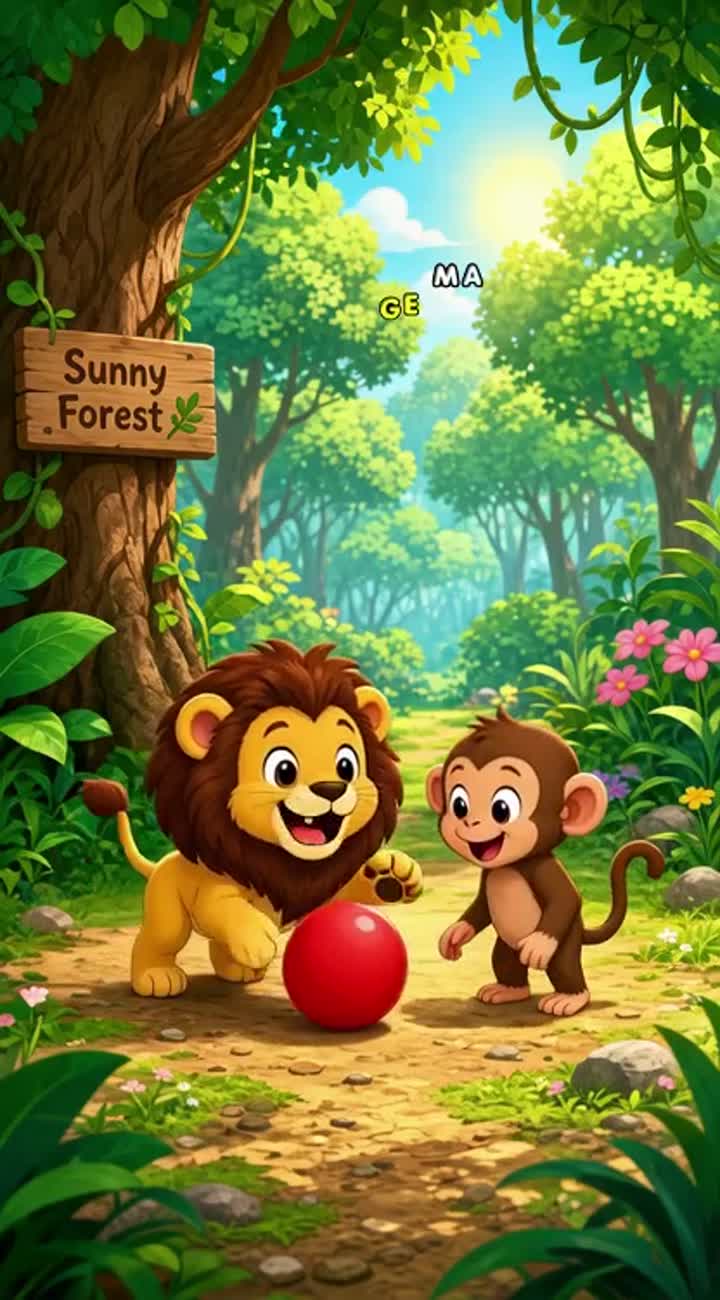 A cute little lion and a friendly baby monkey play together… — AI cartoon
