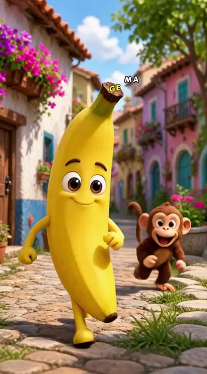 A cute yellow banana with big eyes, a smiling face… — AI cartoon